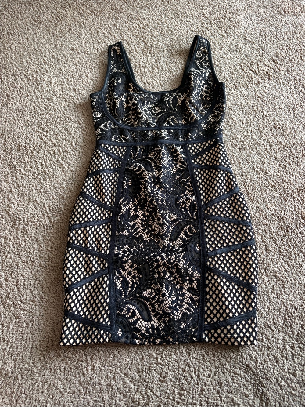 Lulu's Black Lace-Overlay Mini Dress with Nude Underlay